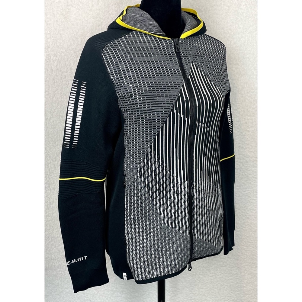 ADIDAS • Black/White/Grey/Yellow Abstract Print Full-Zip Hooded Knit Jacket, S - Picture 8 of 16